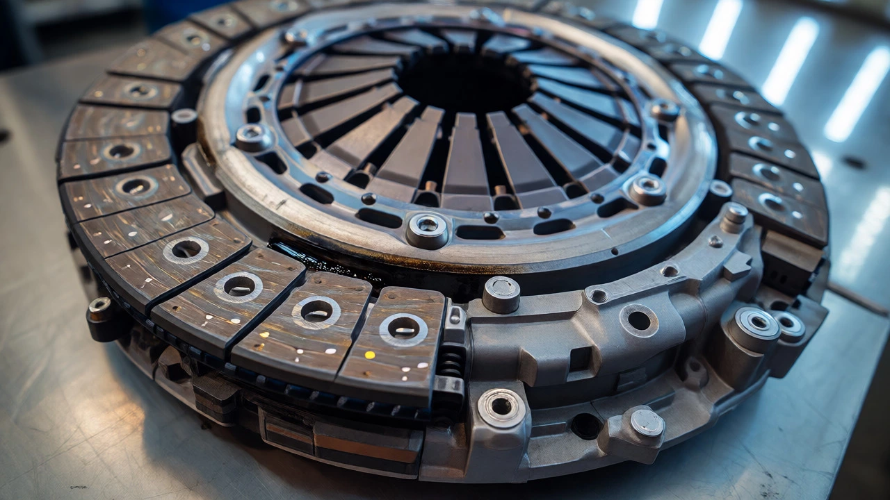 Close-up of worn clutch disc and pressure plate with heat damage