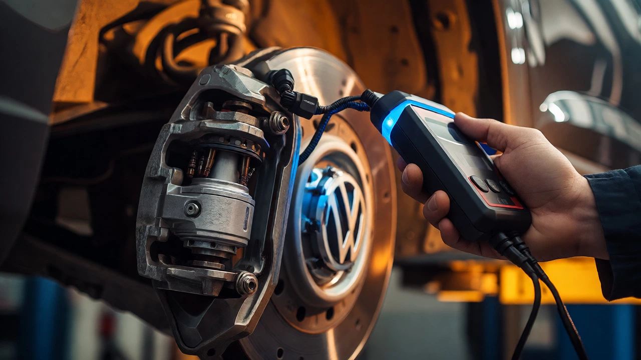 Diagnostic tool resetting an electronic parking brake on a rear caliper