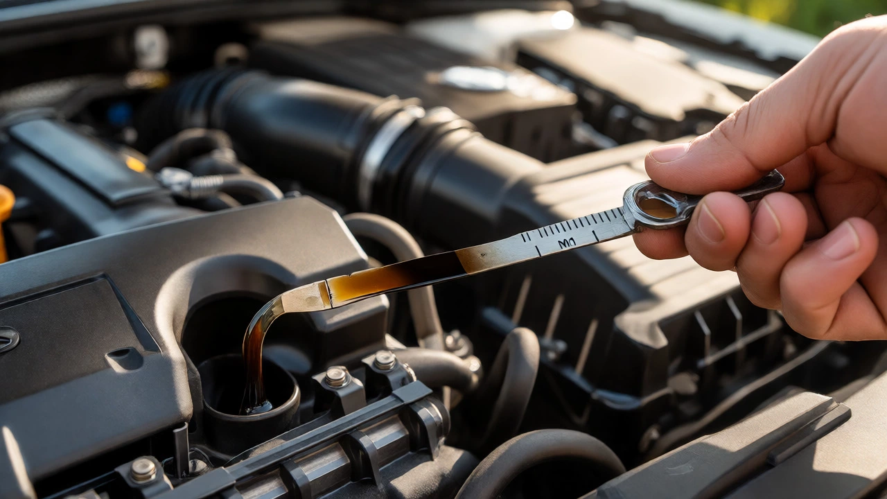 Hand checking a low oil level on a car engine dipstick