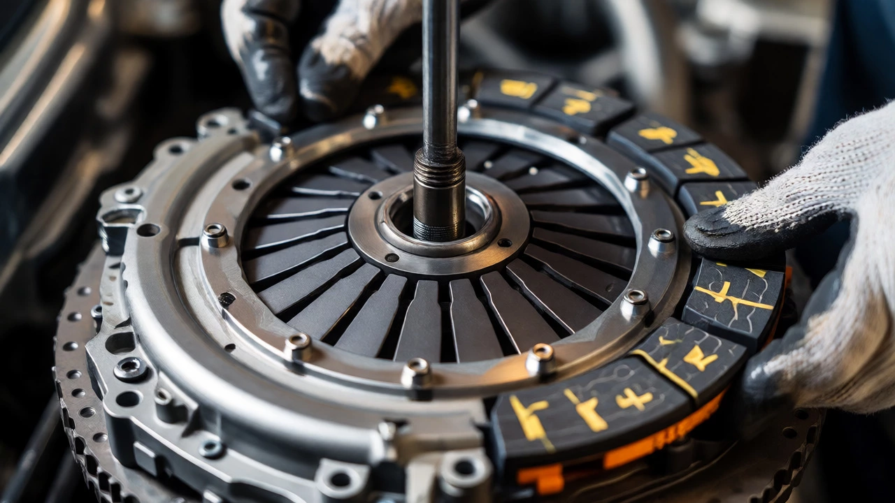 Hands installing clutch disc with alignment tool on flywheel