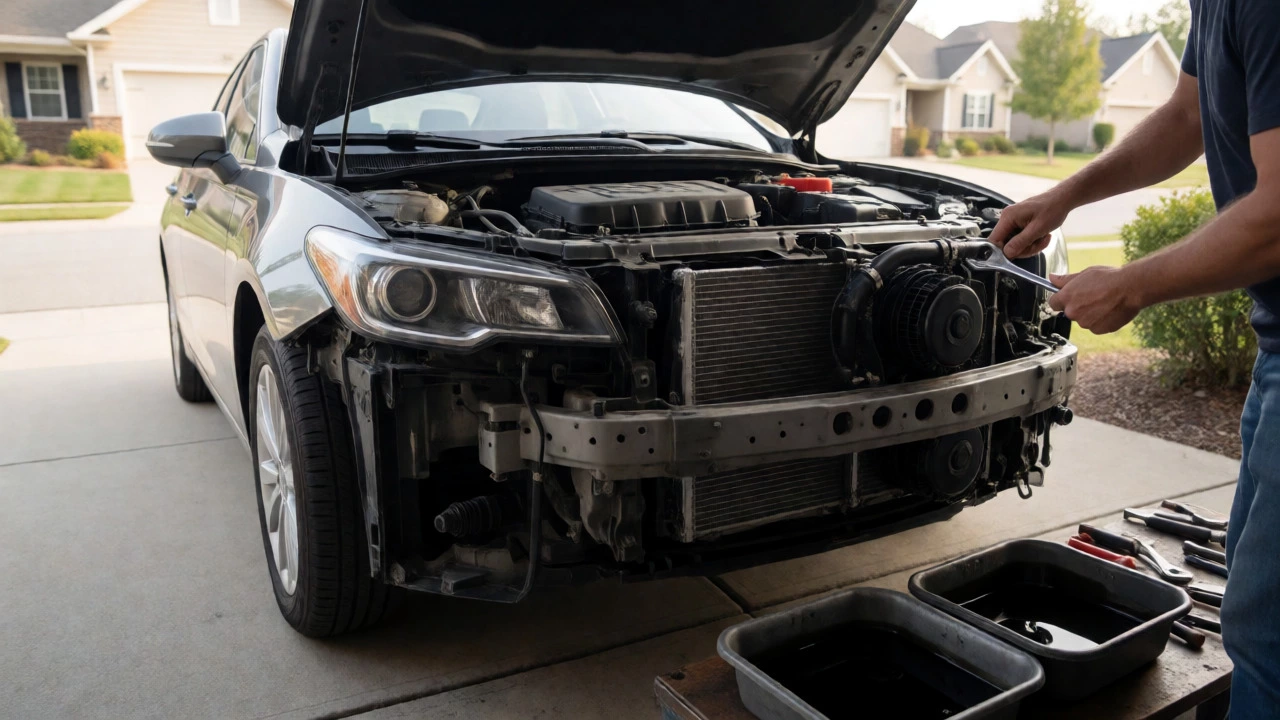 Hands removing radiator hoses from a car with the bumper off.