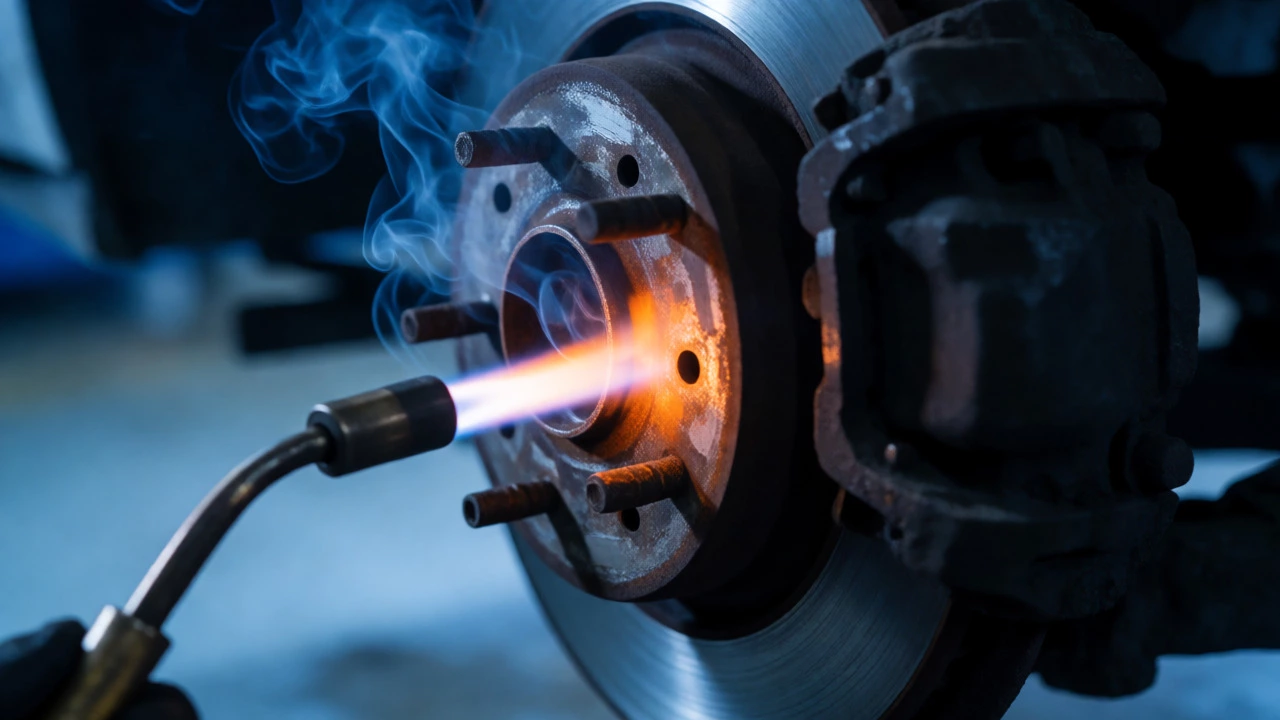 Heating a rusted brake rotor with a torch