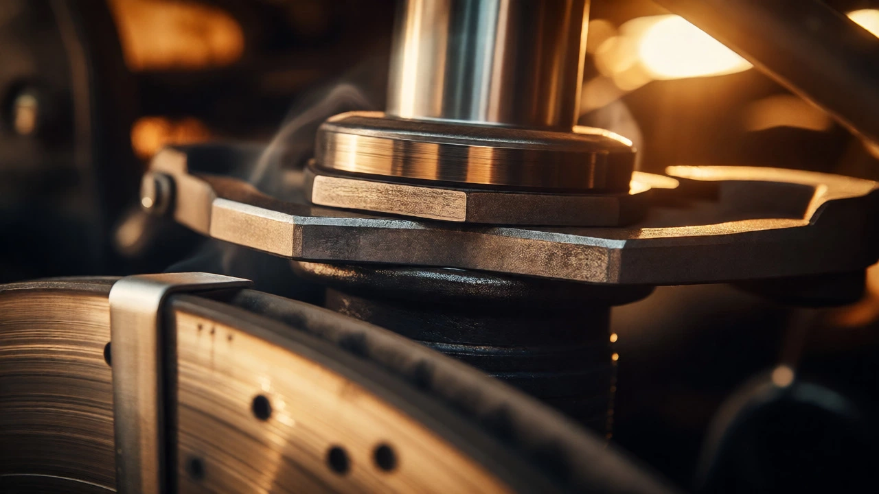 Macro view of a dry strut mount bearing and brake wear indicator causing squeaks.