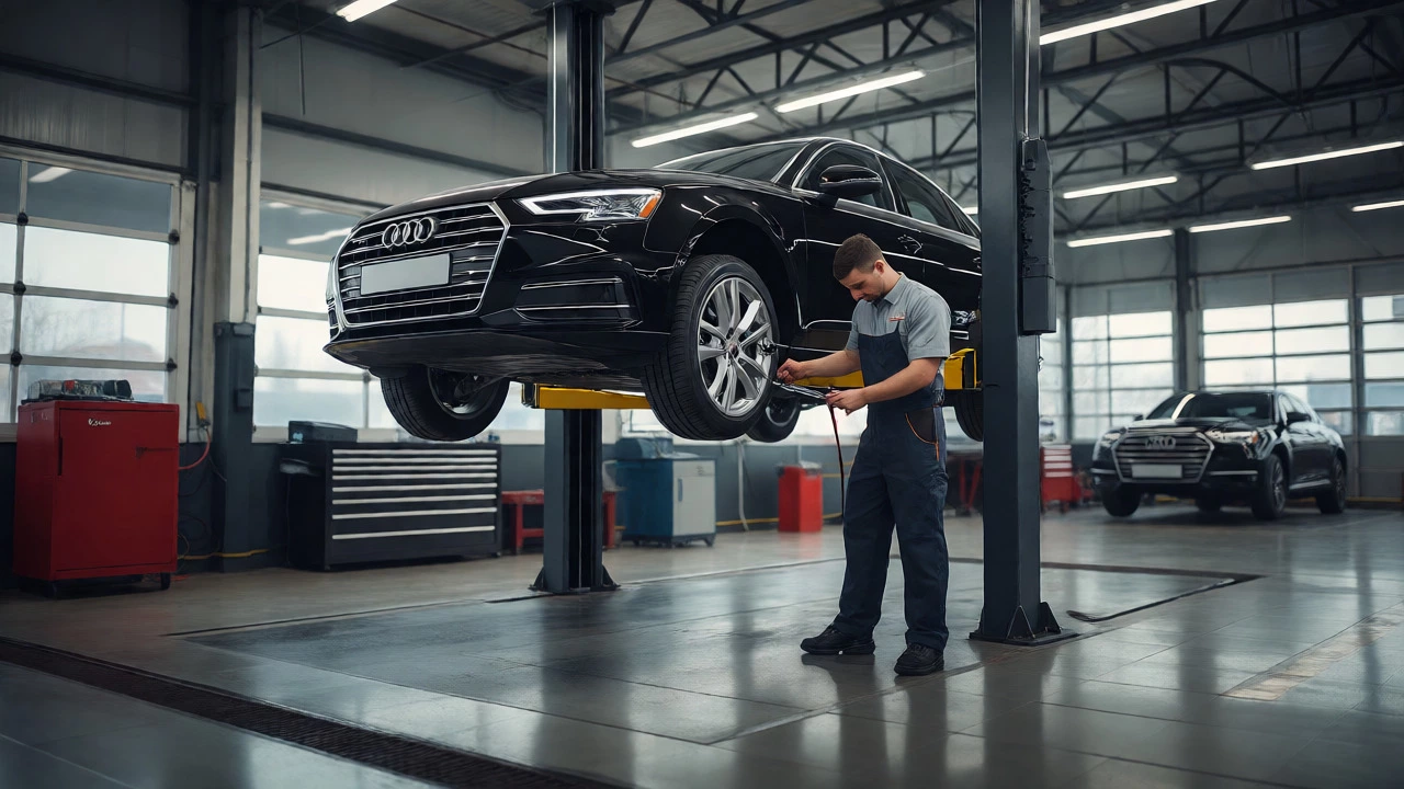 Mechanic inspecting a lifted luxury car at a professional dealership