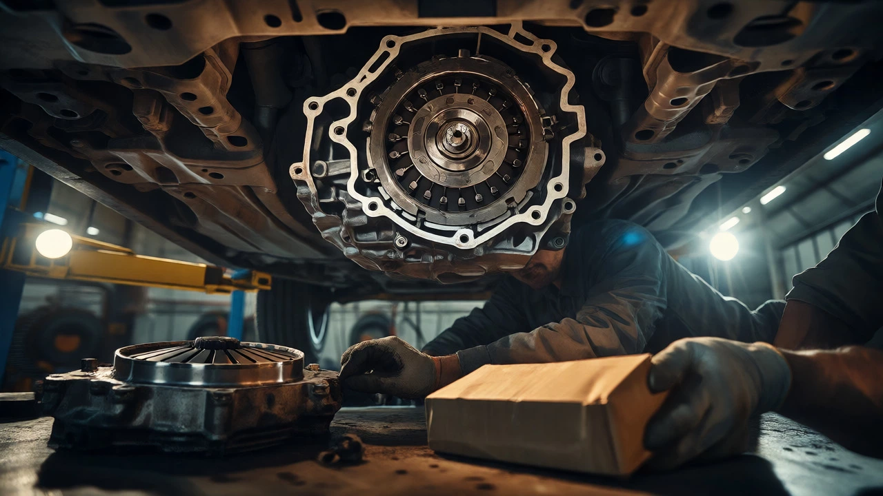 Mechanic inspecting transmission and preparing new clutch kit