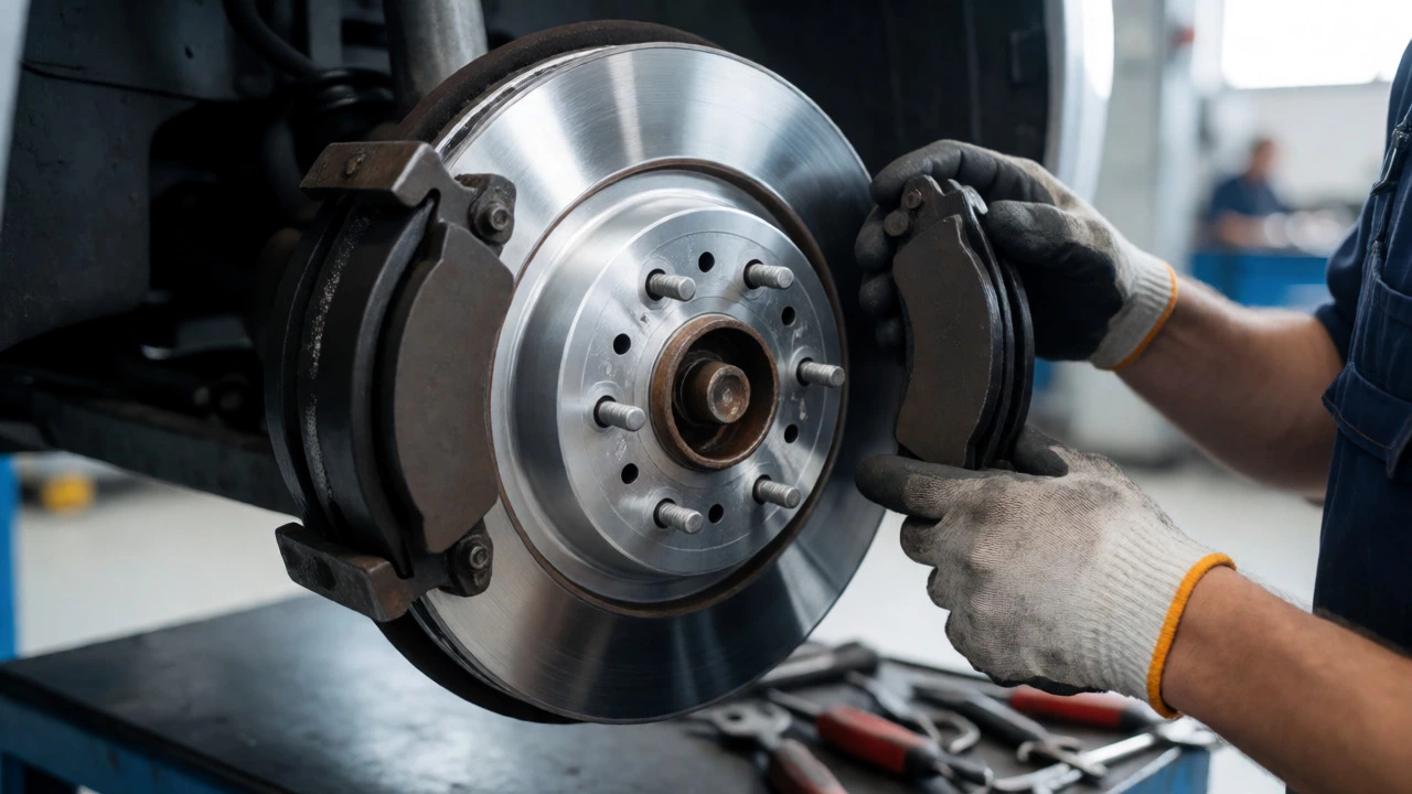 Mechanic installing new shiny brake rotors and pads in a well-lit auto workshop.