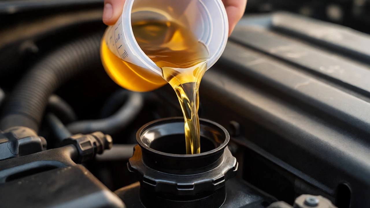 Motor oil being poured slowly from a measuring cup into an engine via a funnel