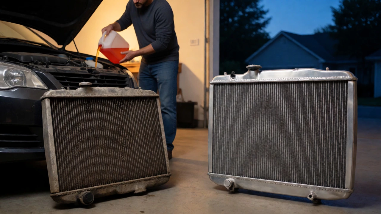 Old and new radiators side-by-side while refilling coolant.