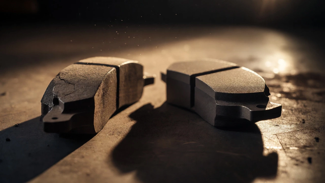 Side-by-side comparison of a worn cracked brake pad and a new thick one.