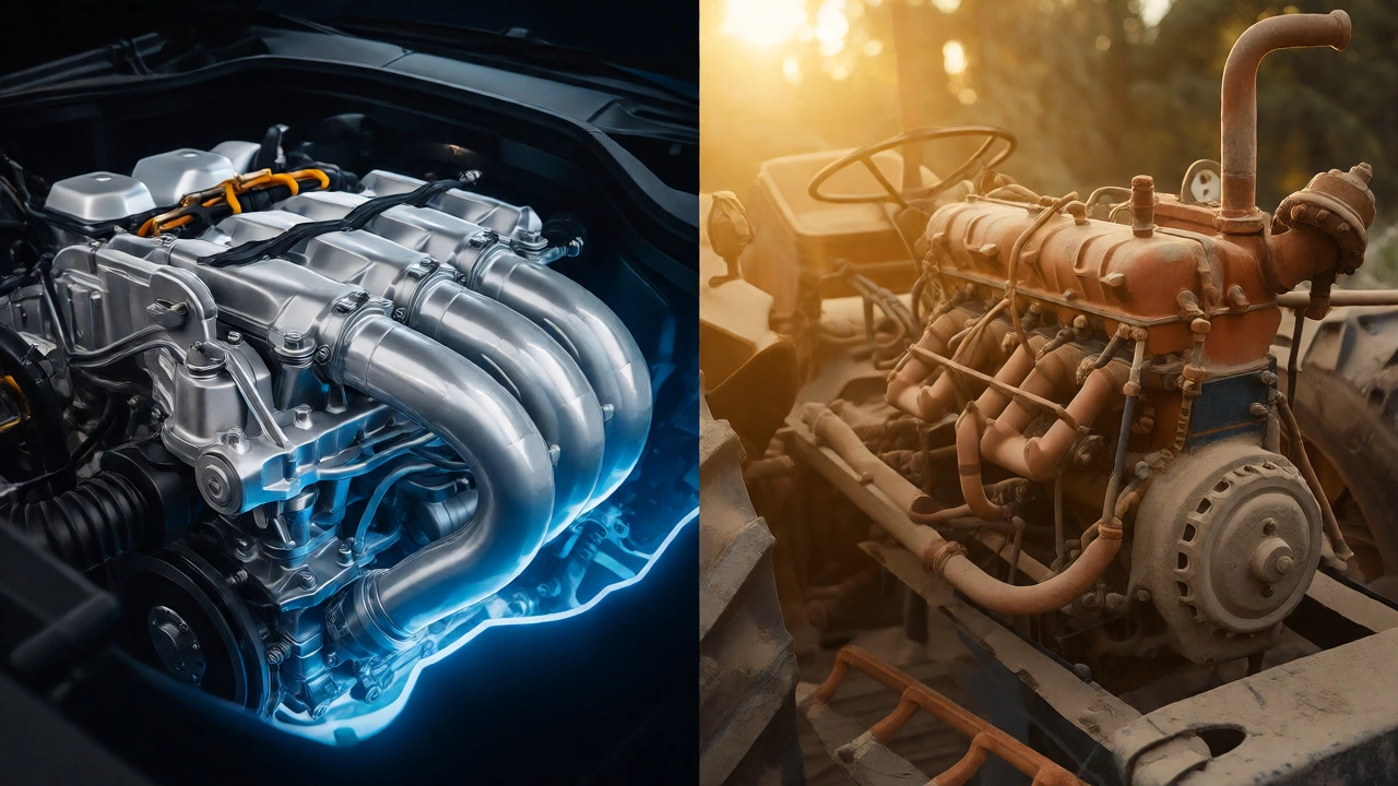 Split image contrasting a clean modern turbo engine with a dusty older industrial diesel engine.
