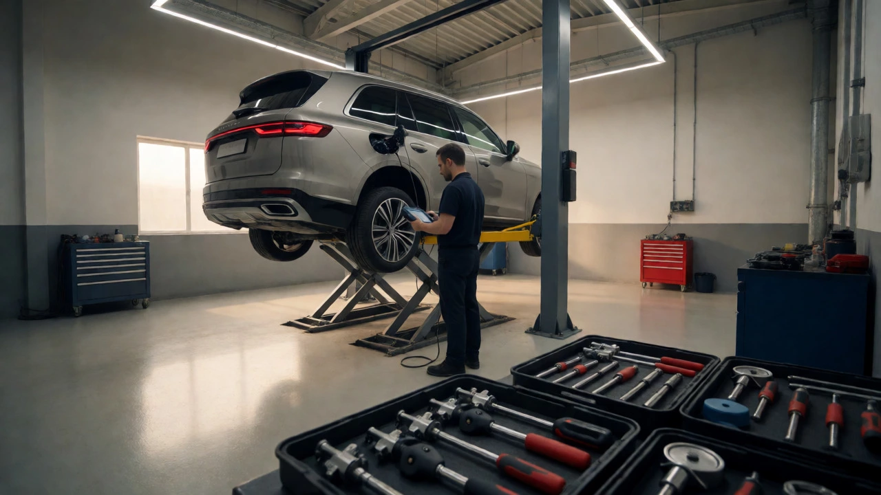 Technician servicing electronic brakes on an SUV