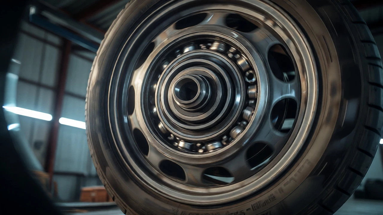 Wheel bearing assembly with visible wear and grit causing grinding noises while spinning.