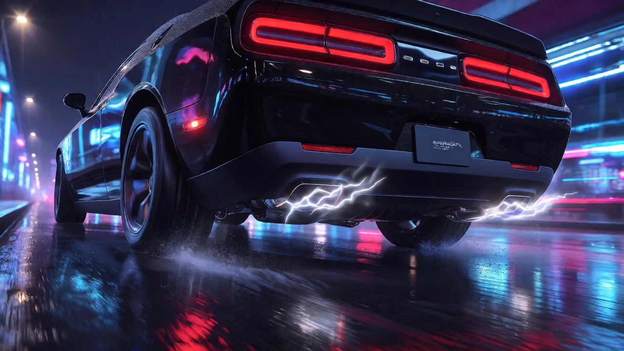 Black muscle car accelerating at night with aggressive exhaust visuals