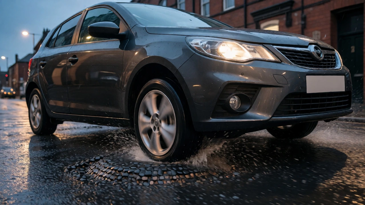 Car bouncing excessively over pothole showing failed suspension damping