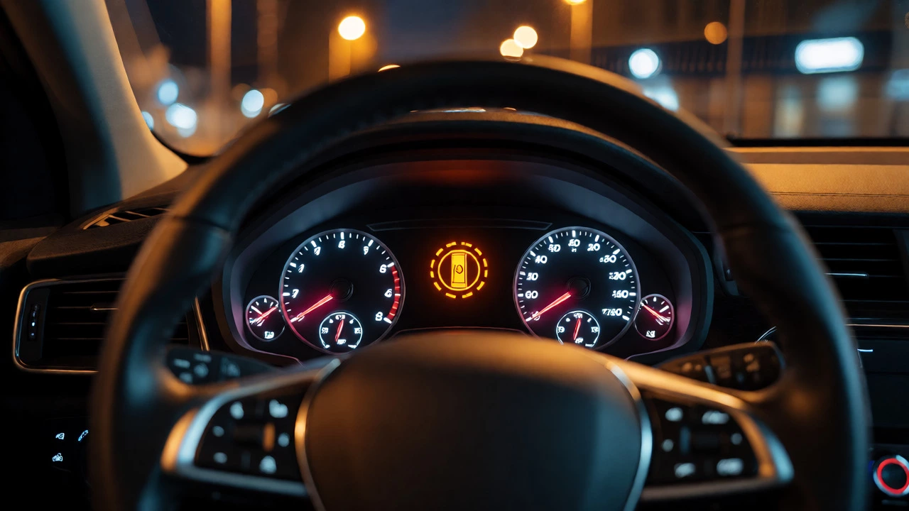Car dashboard displaying a glowing brake warning light at night.