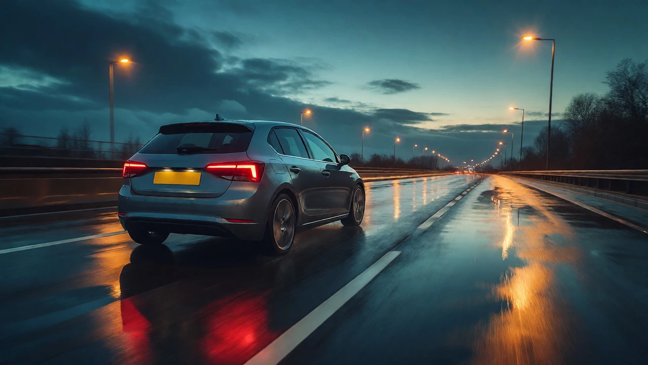 Car driving smoothly on a wet UK motorway at dusk, illustrating stable braking performance.