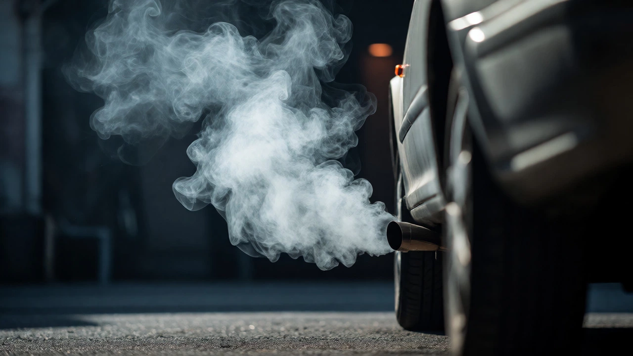Car exhaust pipe releasing thick white smoke indicating oil burn