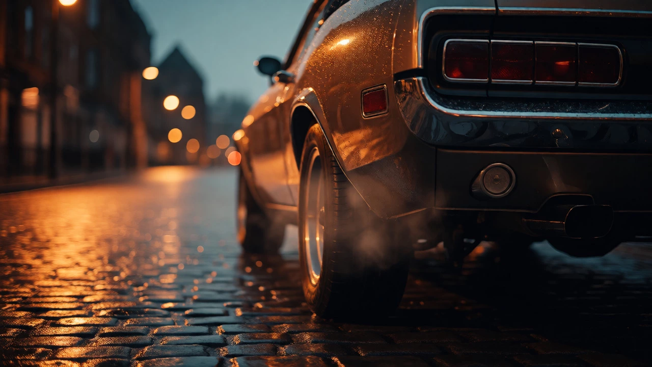 Classic muscle car on a wet UK street emitting exhaust vapor under warm streetlights.