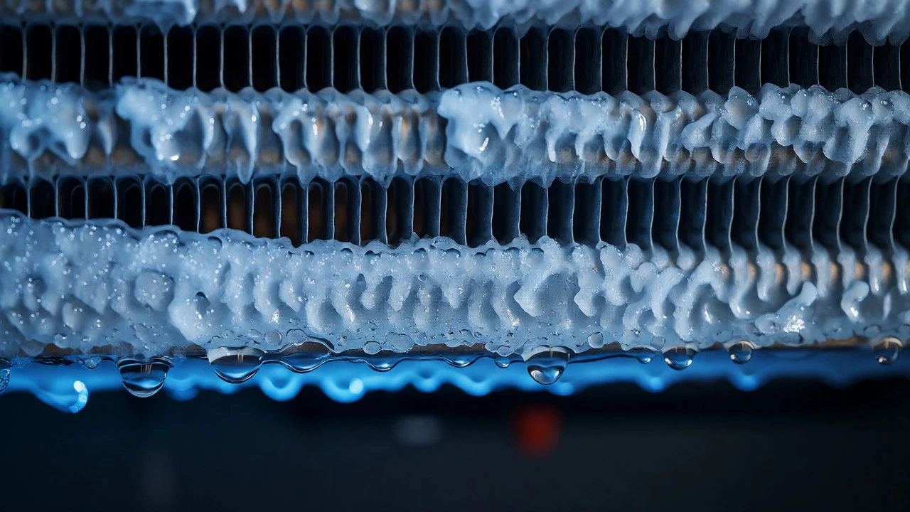 Close-up of an air conditioner evaporator coil covered in ice due to low airflow issues.