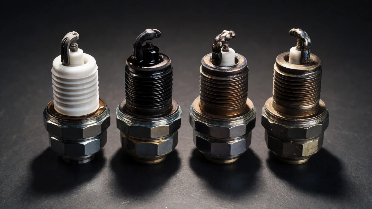 Comparison of new and damaged spark plugs with oil and heat wear