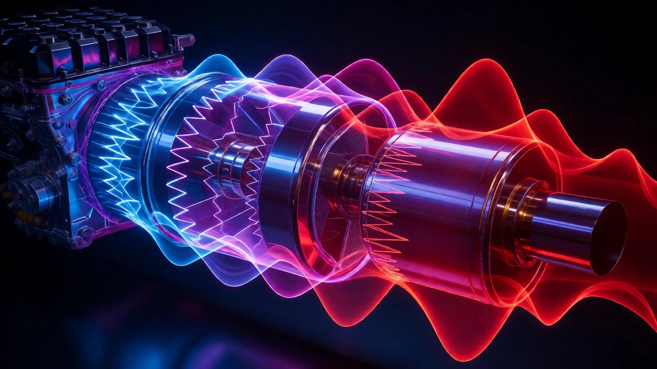 Conceptual visualization of sound waves being tuned and smoothed by a chambered exhaust system.