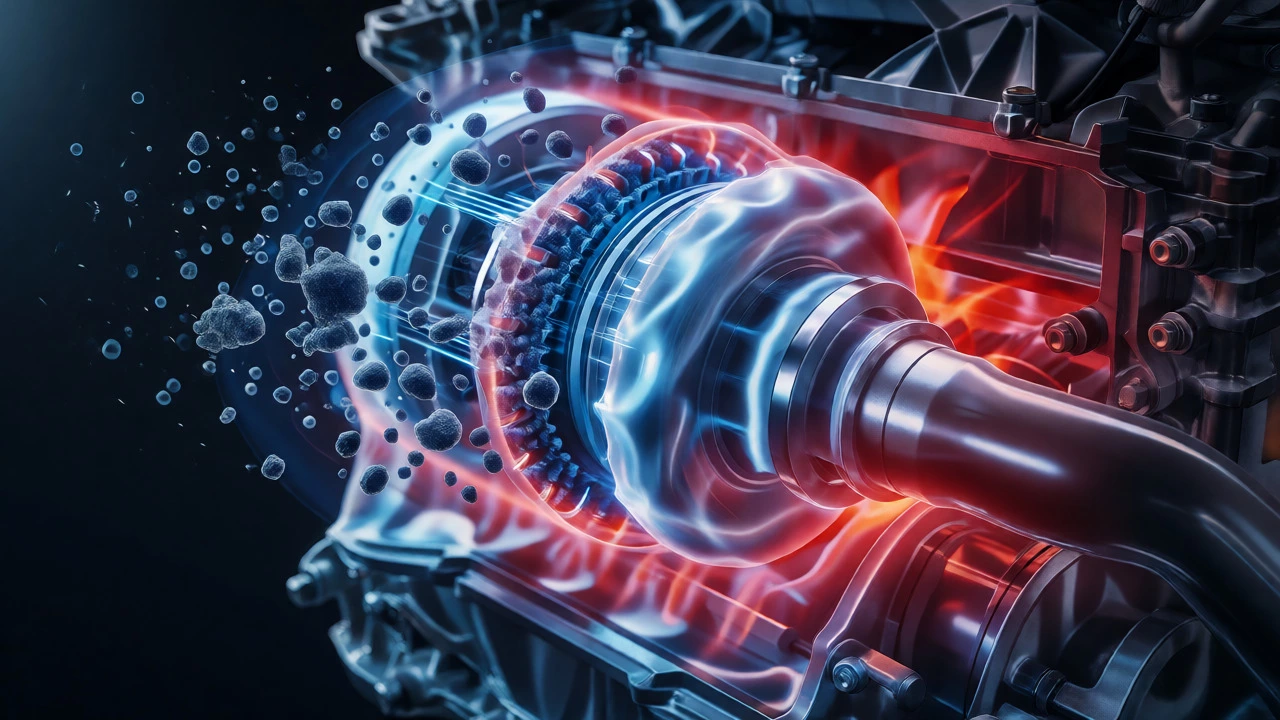 Cutaway of a turbocharged engine protected by synthetic oil against heat and sludge.