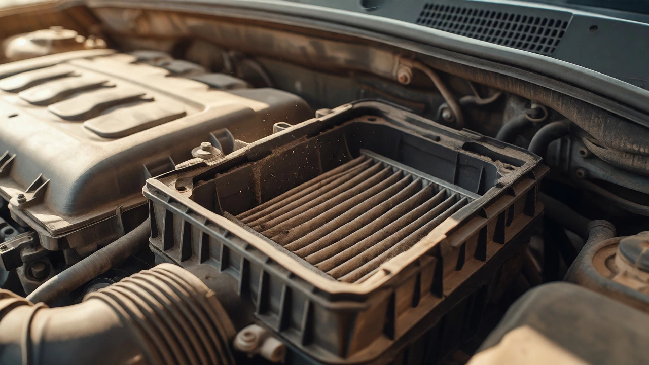 Dirty paper air filter clogged with dust inside a car engine bay