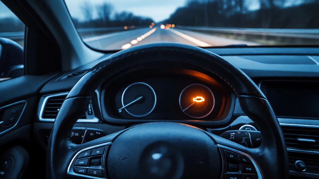 Driver's view showing vibrating steering wheel and check engine light on