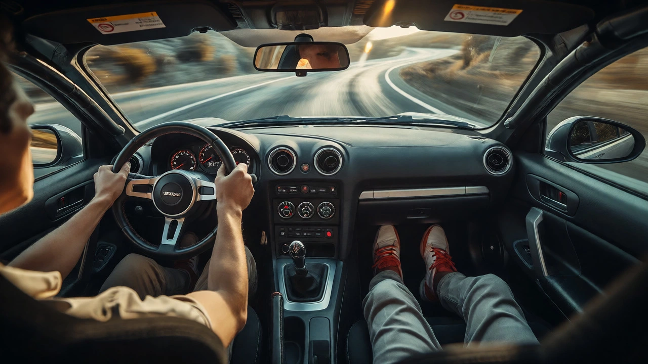 Driver accelerating a sports car with intense focus on the road