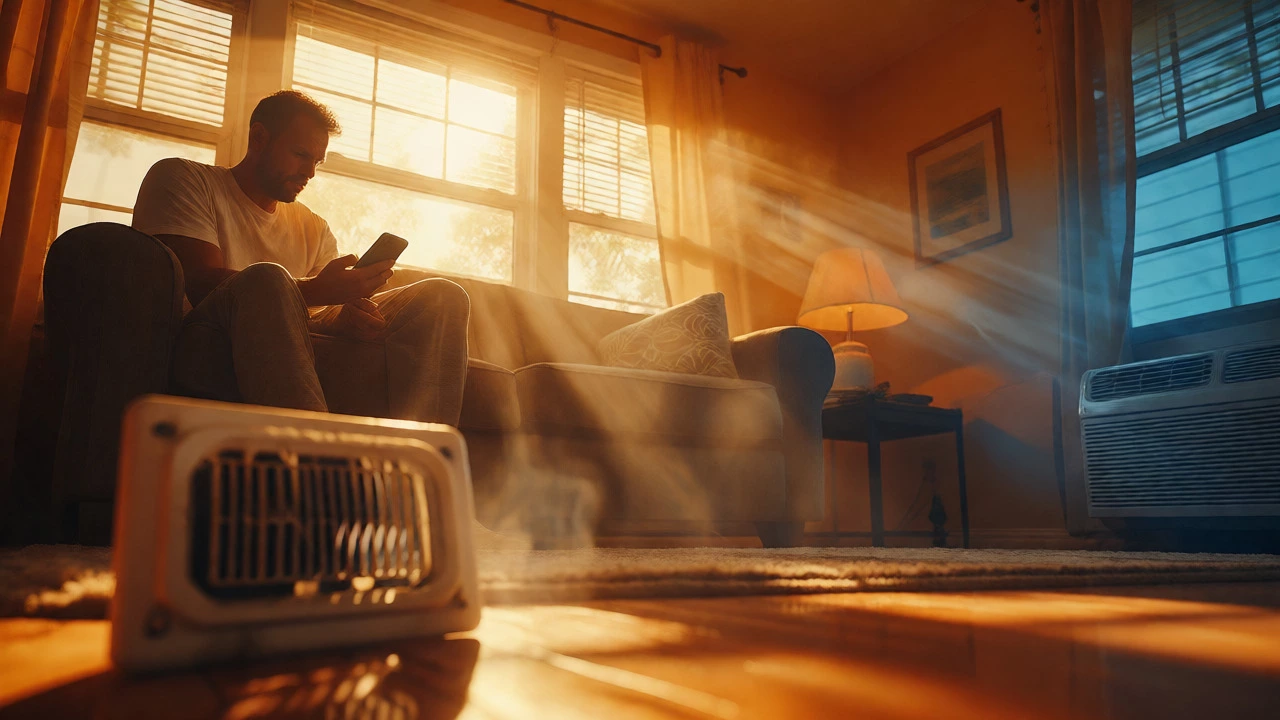 Frustrated homeowner checking high energy bills in a hot living room with a struggling AC unit.