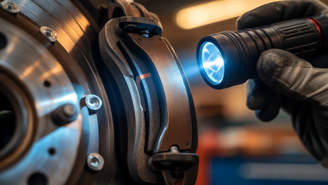 Mechanic inspecting a worn brake pad with a flashlight in a garage.