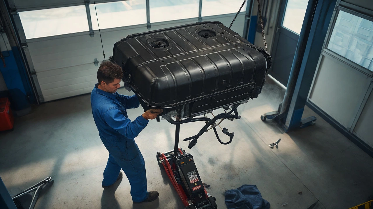 Mechanic lowering a car's fuel tank during a repair job.