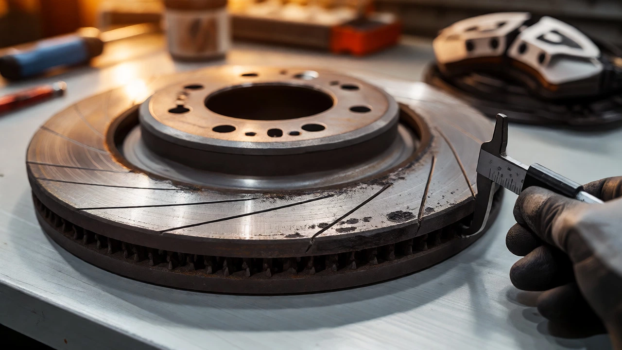 Mechanic measuring the thickness of a scored and rusted brake rotor on a workbench.