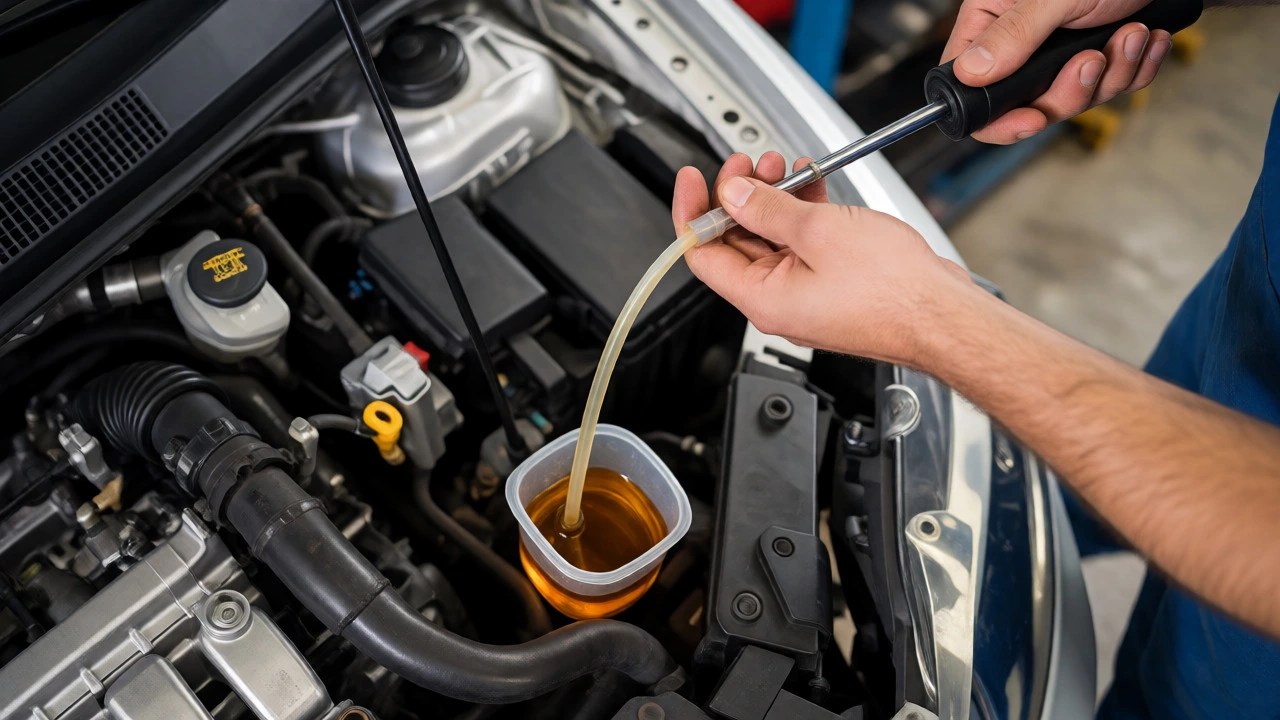 Mechanic using a suction pump to drain excess engine oil