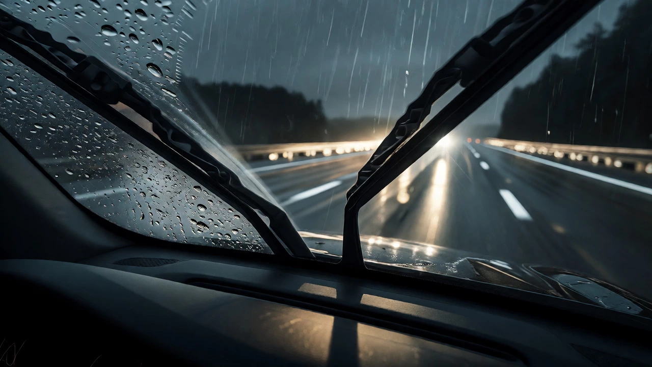 Nighttime highway view showing smooth premium wiper action versus chattering old blades