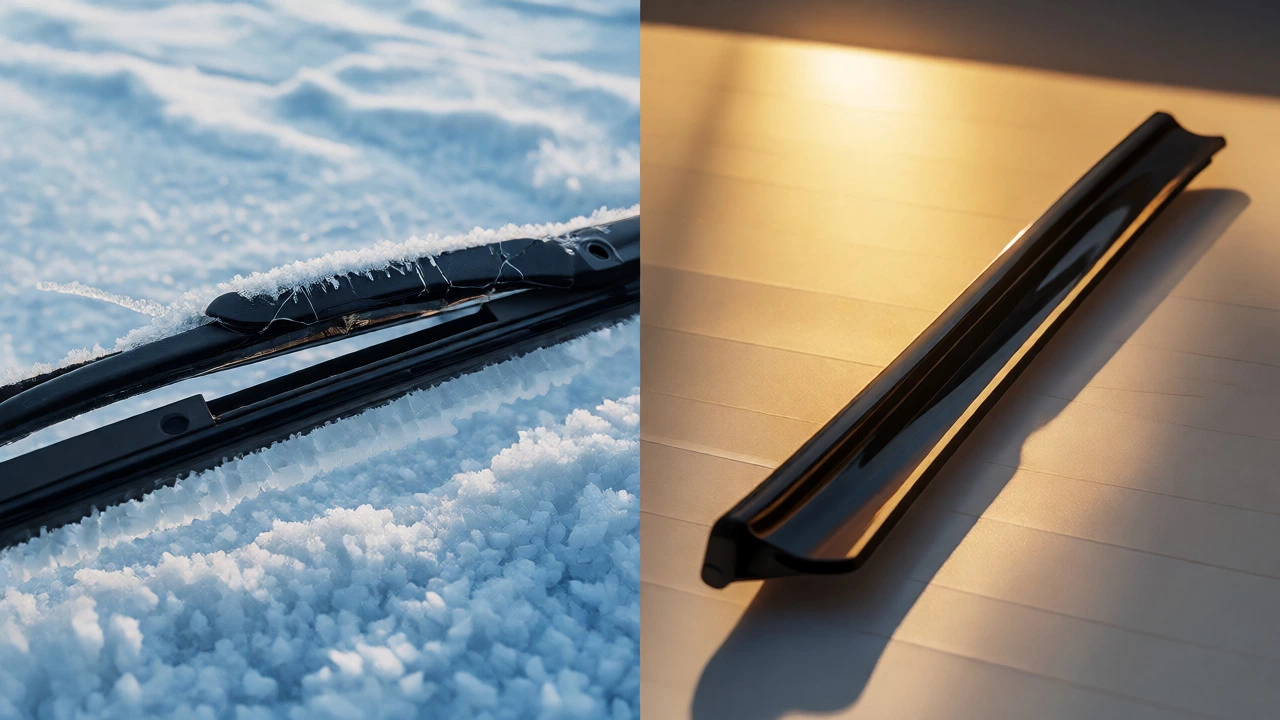 Split image contrasting icy damaged standard wipers with durable premium beam blades