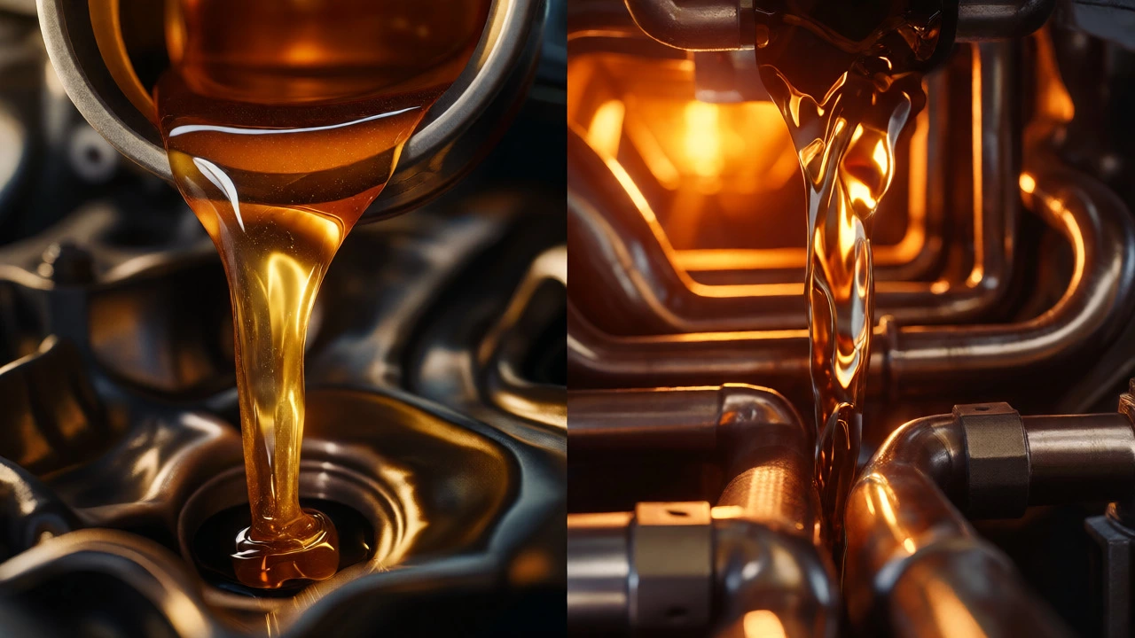 Split view comparing thick cold oil flow versus thin hot oil flow in an engine.