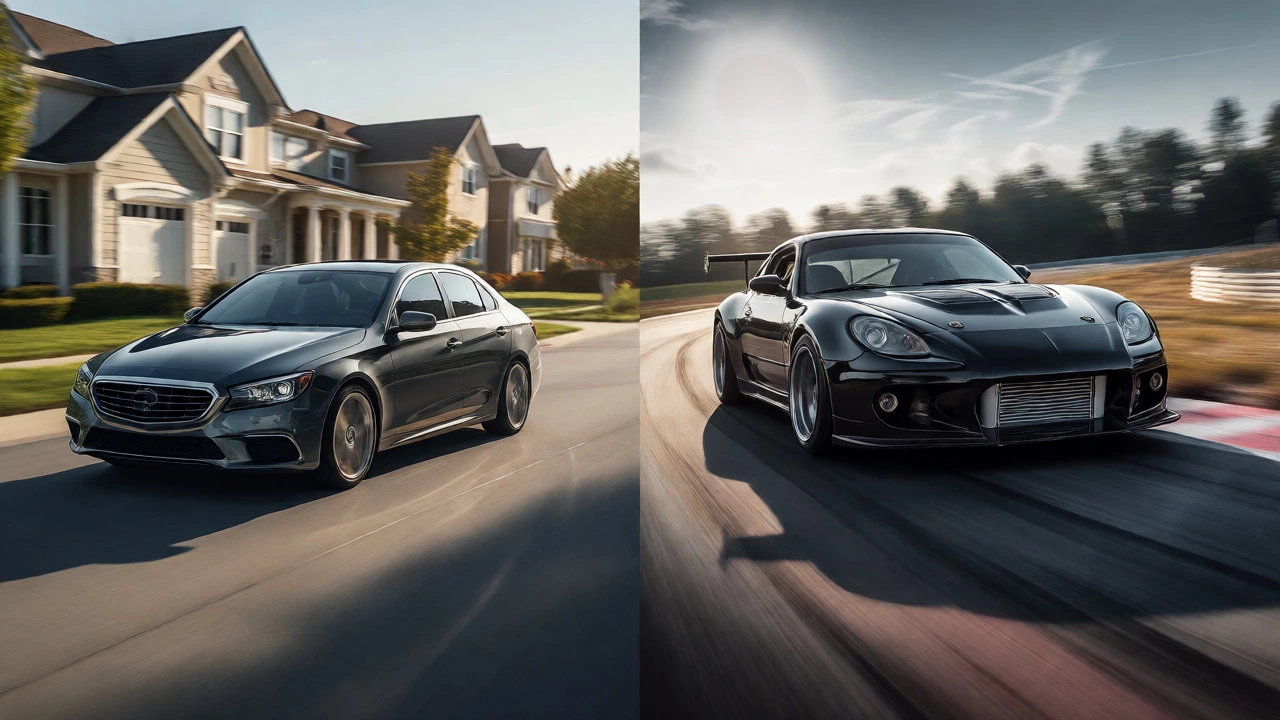 Split view of a city sedan and a racing sports car